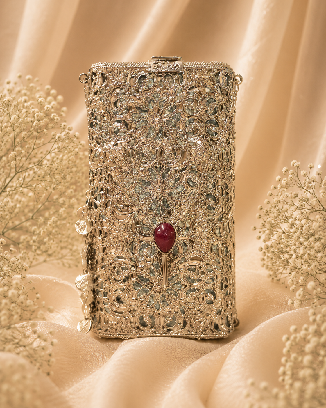 Emerald Filigree mobile clutch