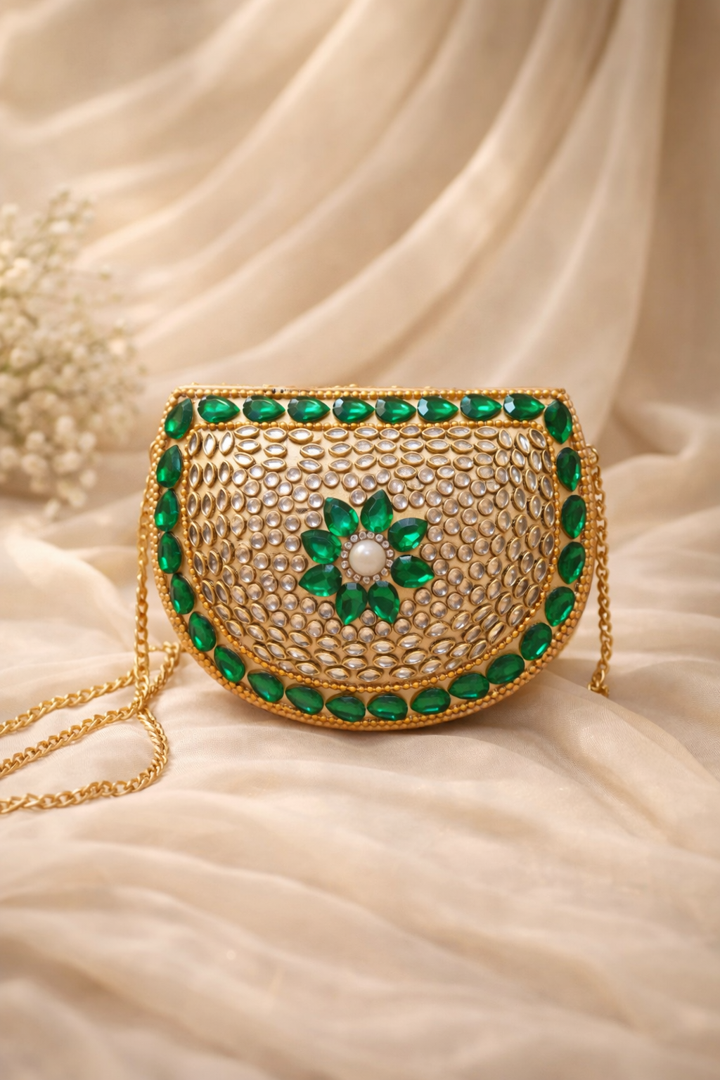 Gulnaar Emerald Kundan Clutch (Medium)