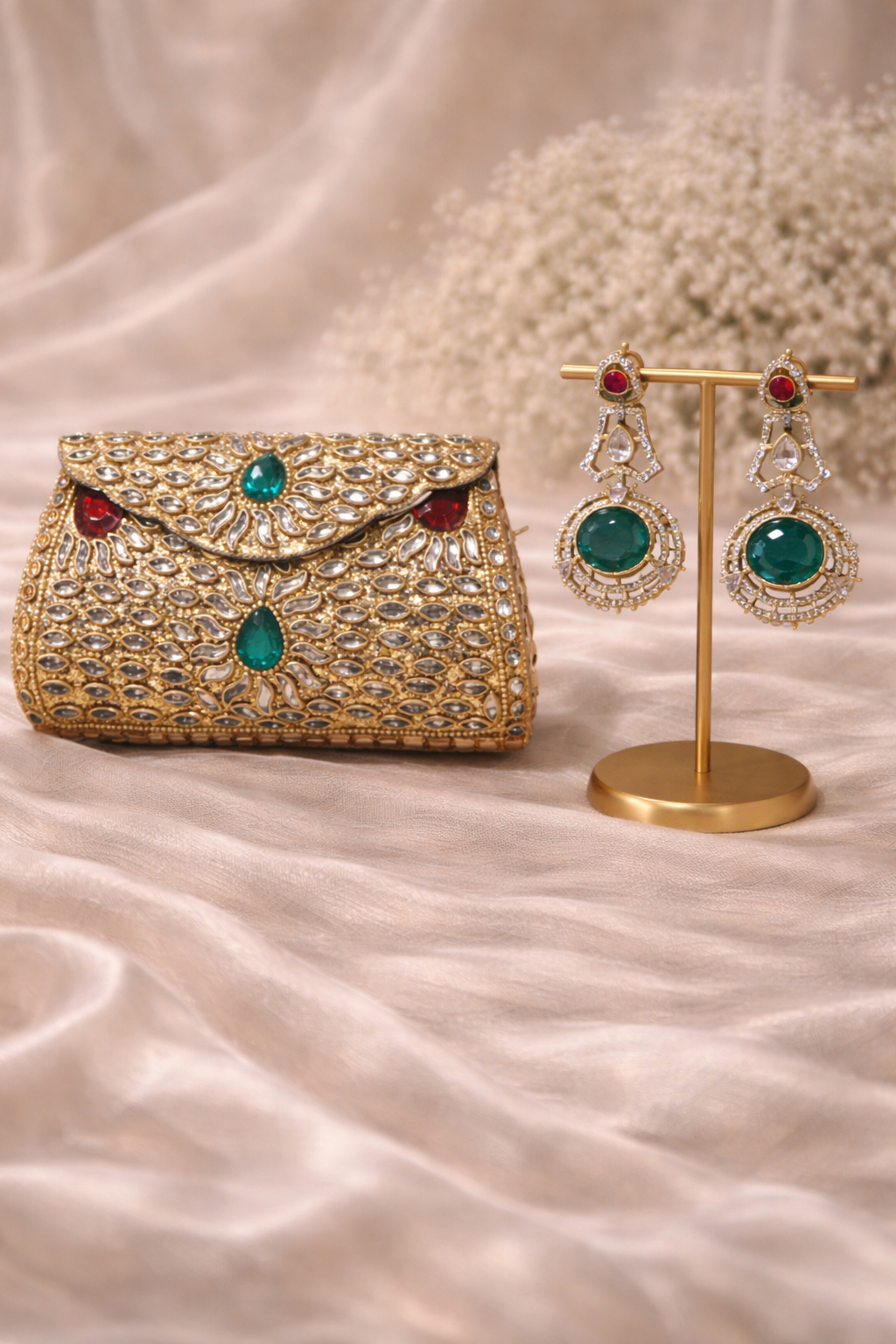 Emerald Kundan Clutch & Statement Earrings