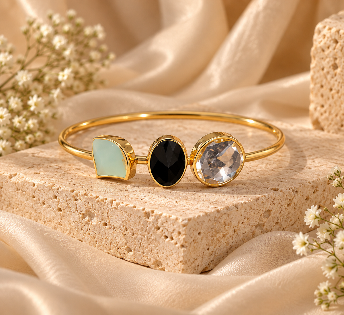 Tricolour Gemstone Gold Cuff
