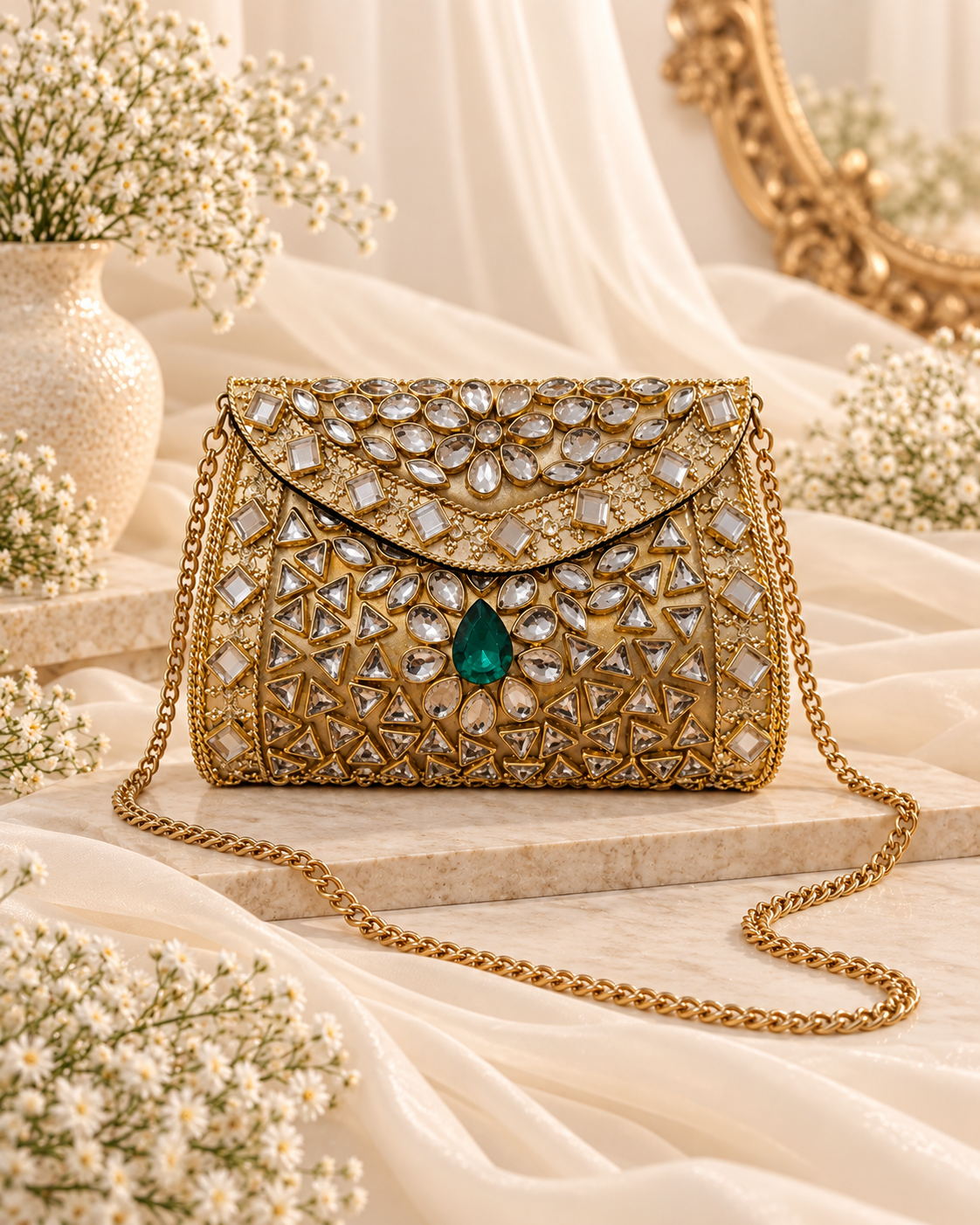 Emerald Kundan Clutch ( Mini )