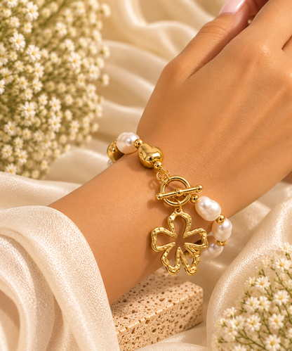 Pearl & Gold Floral Charm Bracelet