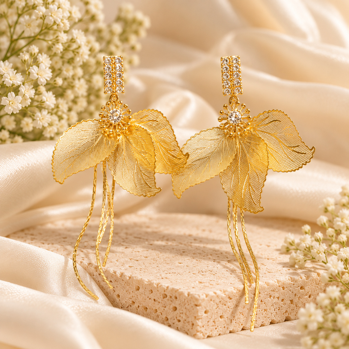 Gold Floral Tassel Earrings