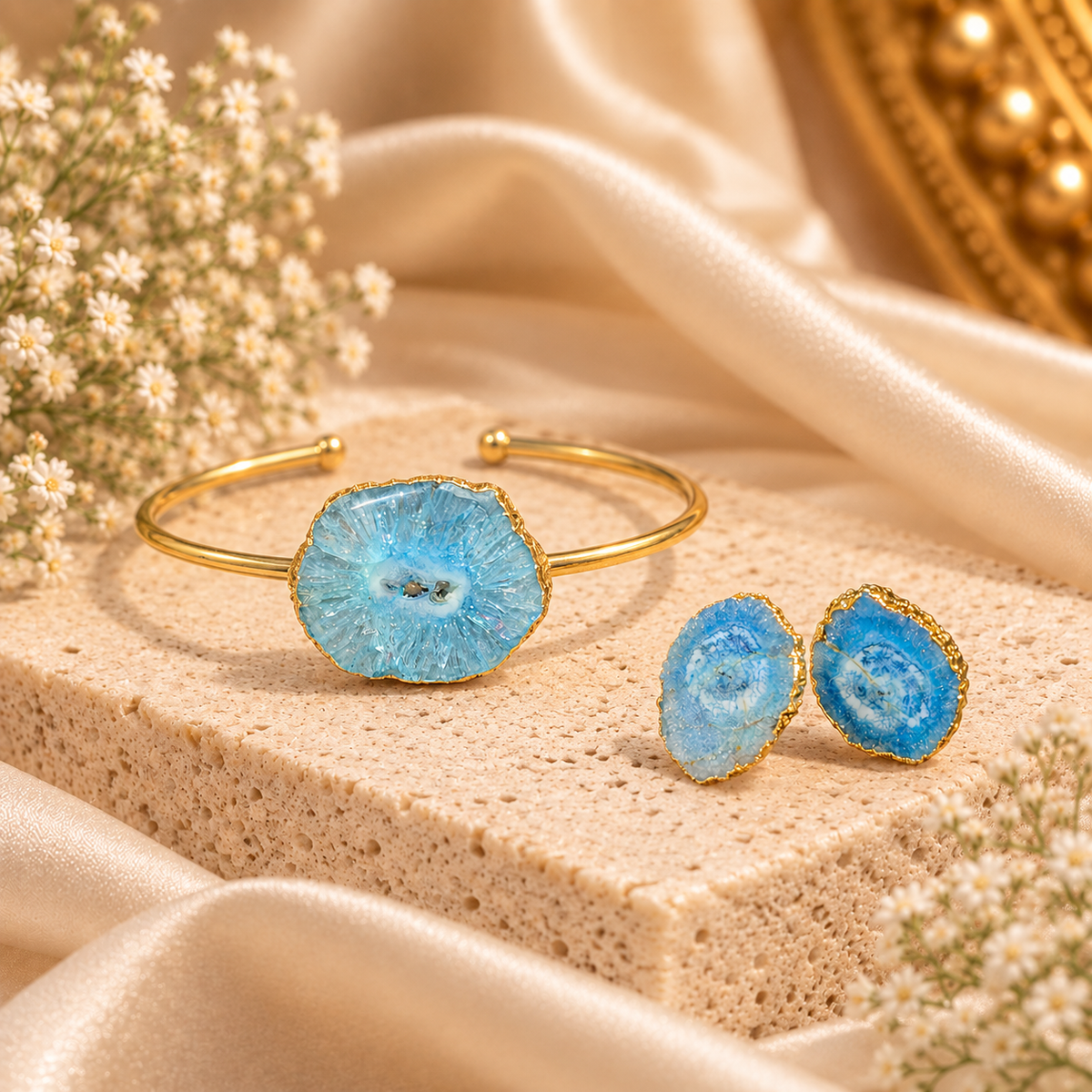 Ethereal Blue Druzy Gold Jewelry Set