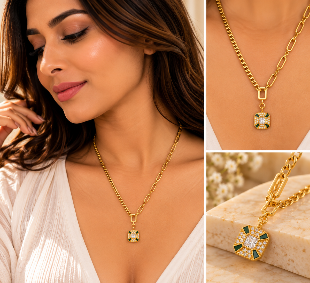 Gold Green Pendant Necklace