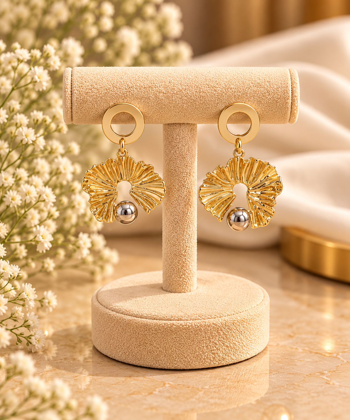 Gold Textured Ball Drop Earrings