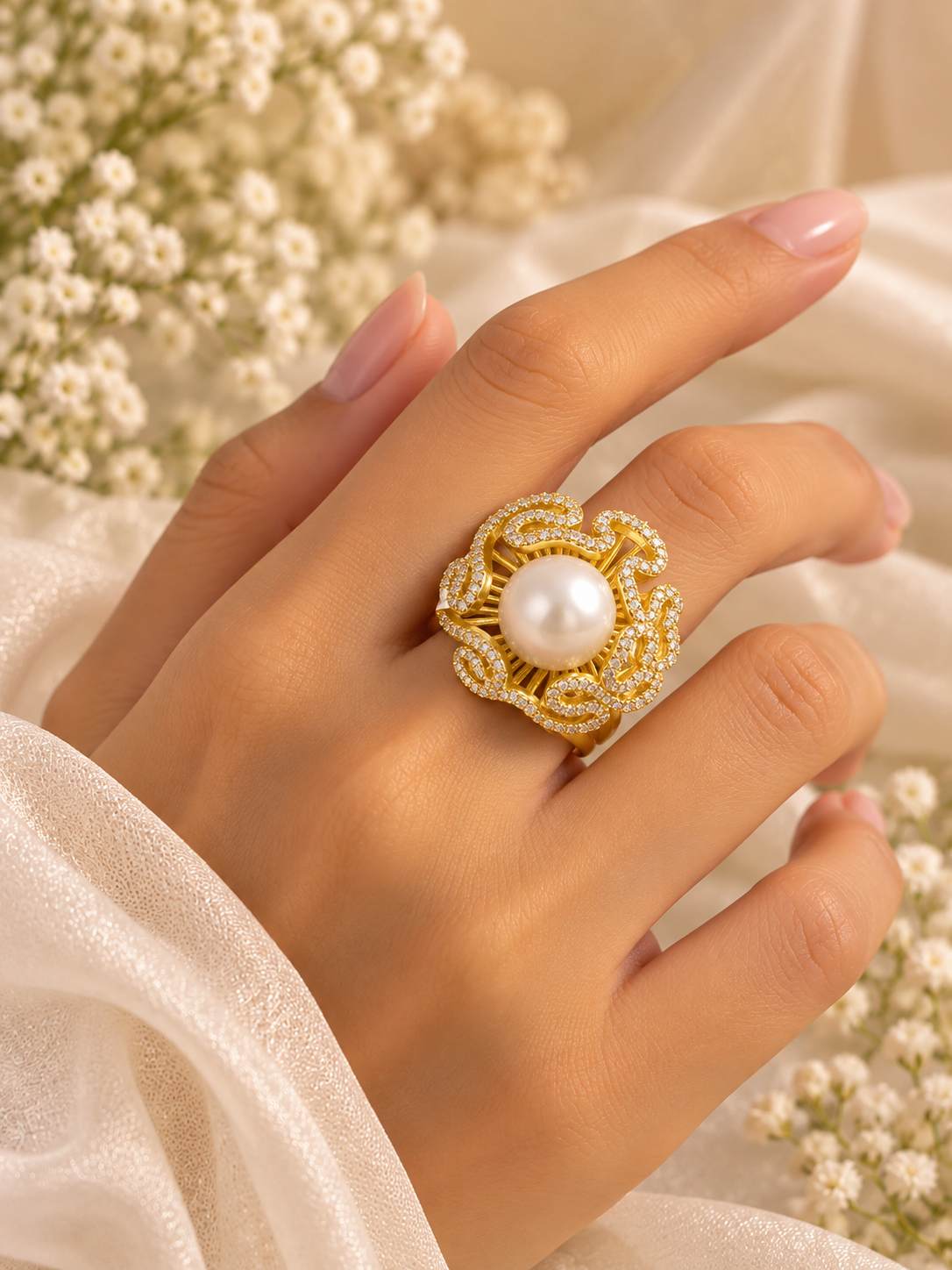 Gilded Blossom Pearl Ring