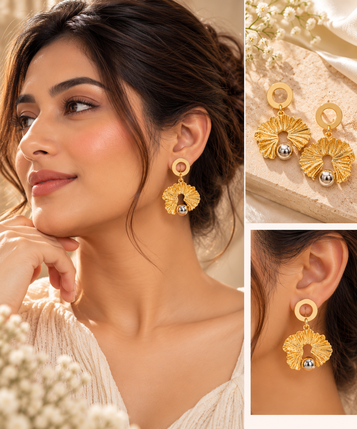 Gold Textured Ball Drop Earrings