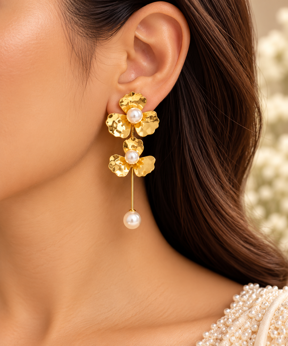 Gold Floral Pearl Drop Earrings