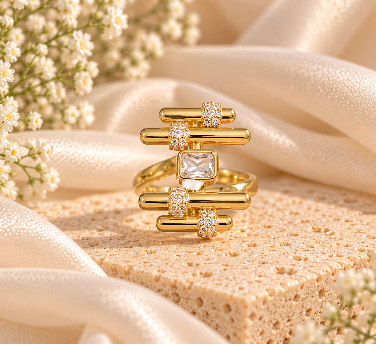 Geometric Ring with Crystal Accents