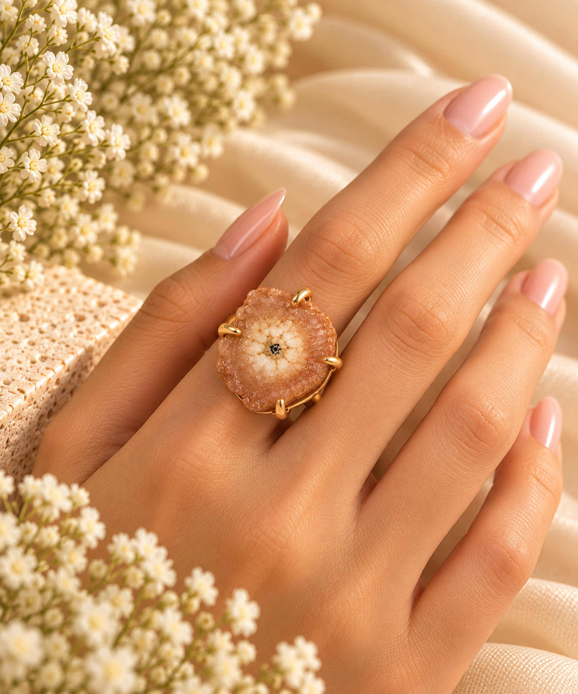 Peach Druzy Statement Ring
