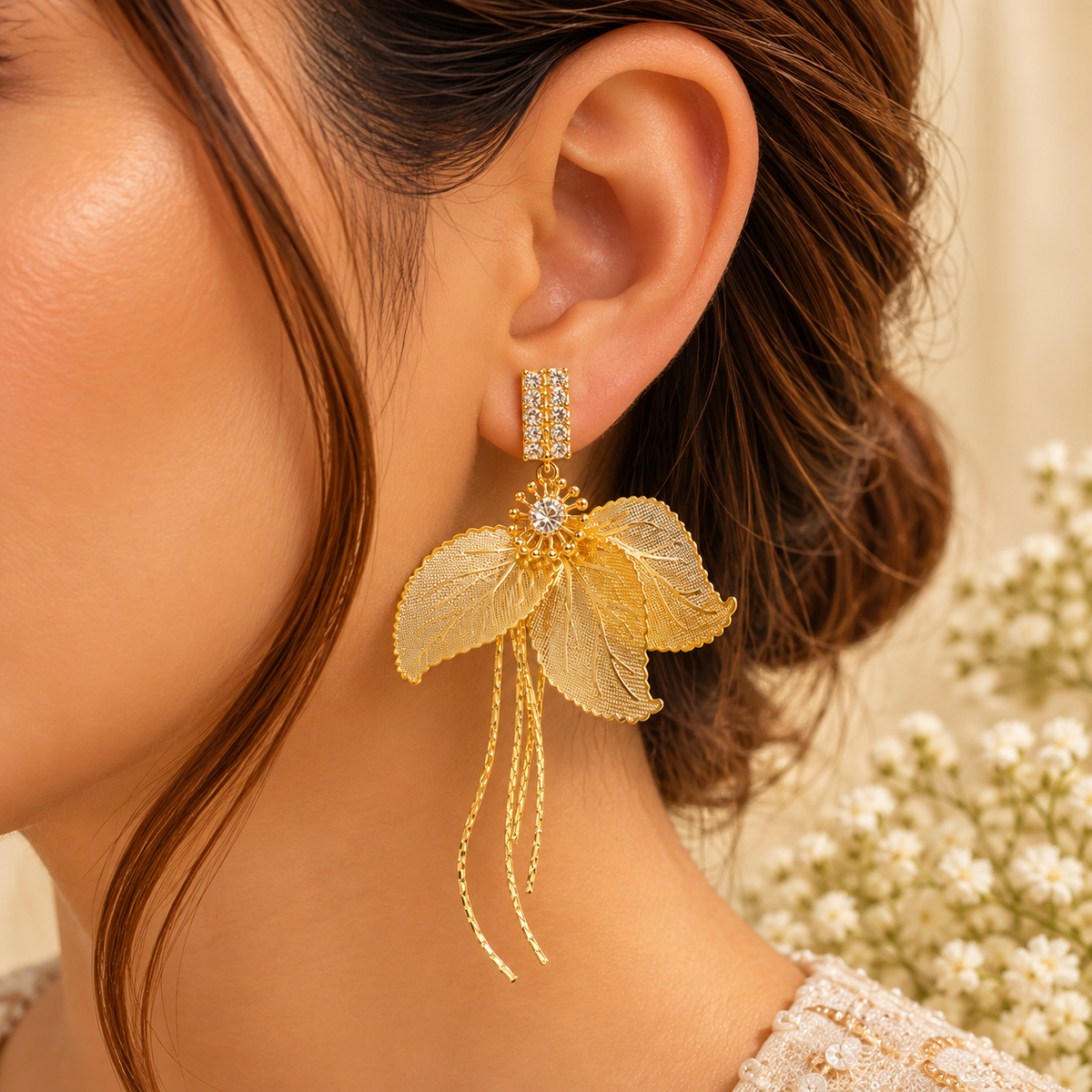 Gold Floral Tassel Earrings