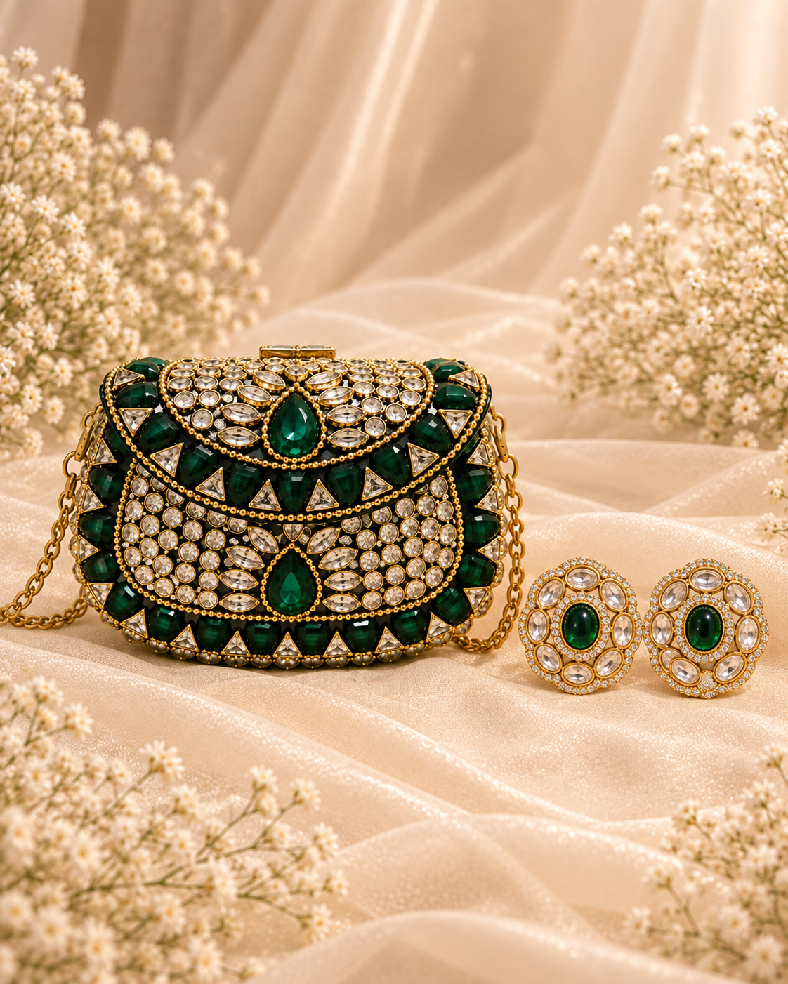 Emerald Royale – Bridal Clutch & Earring Set