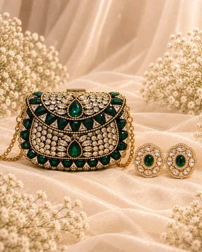 Emerald Royale – Bridal Clutch & Earring Set