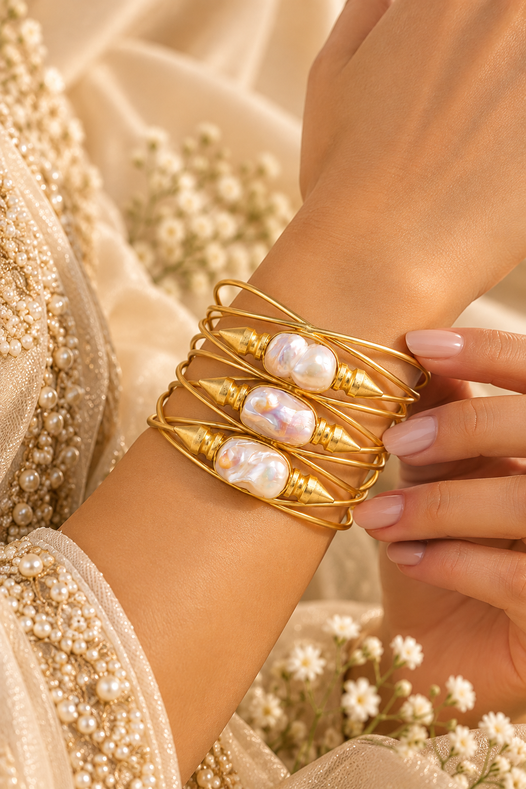Pearl Sculptural Gold Cuff