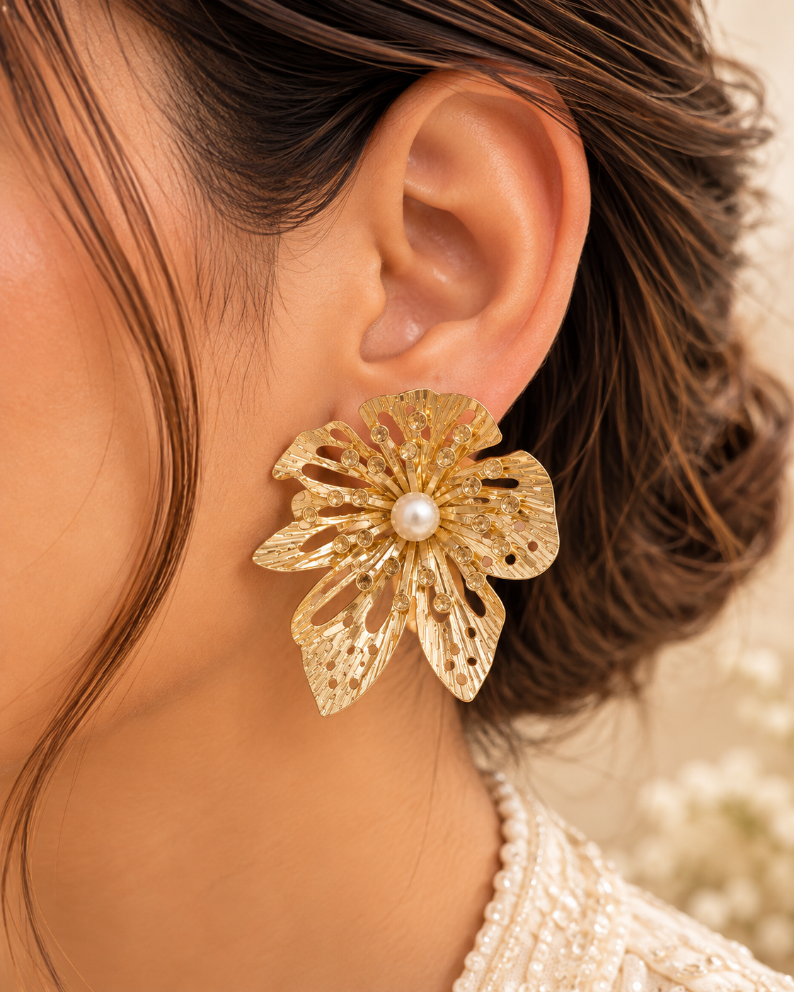 Gold Flower Pearl Earrings