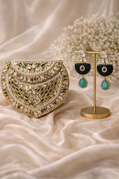 Emerald Kundan Clutch & Teardrop Earrings Set